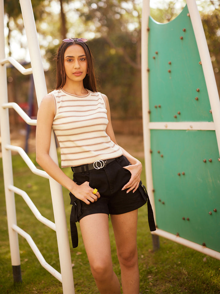 Brown Horizontal Stripes Sleeveless Crop Length T-Shirt-Women T-Shirts-Crimsoune Club