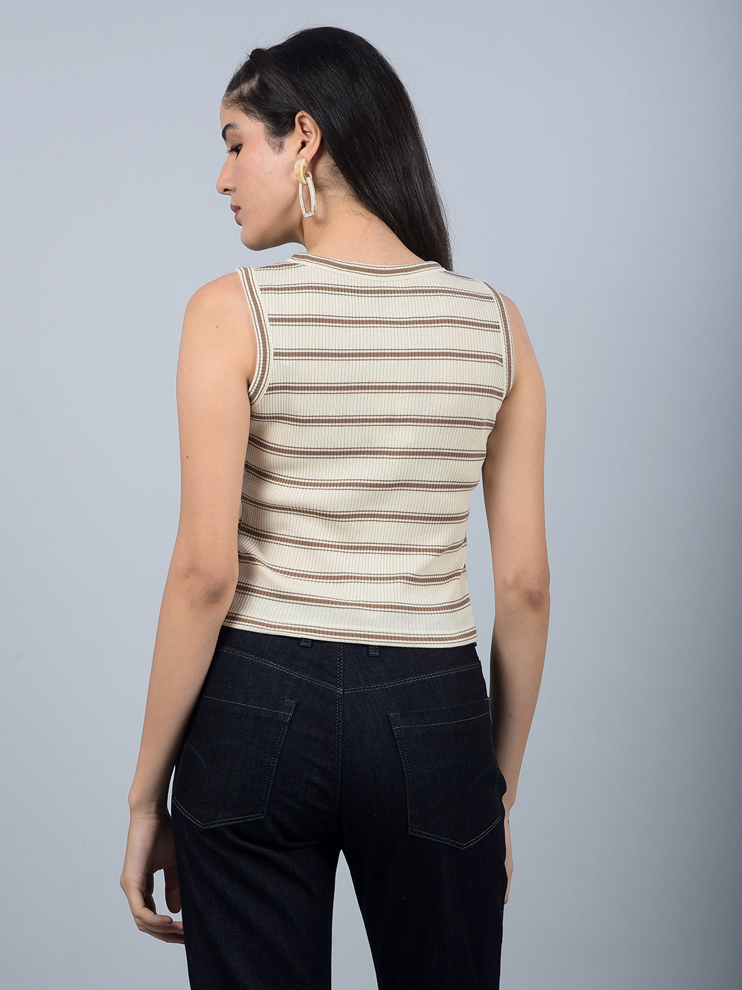 Brown Horizontal Stripes Sleeveless Crop Length T-Shirt-Women T-Shirts-Crimsoune Club