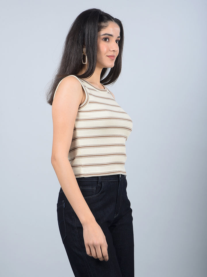 Brown Horizontal Stripes Sleeveless Crop Length T-Shirt-Women T-Shirts-Crimsoune Club