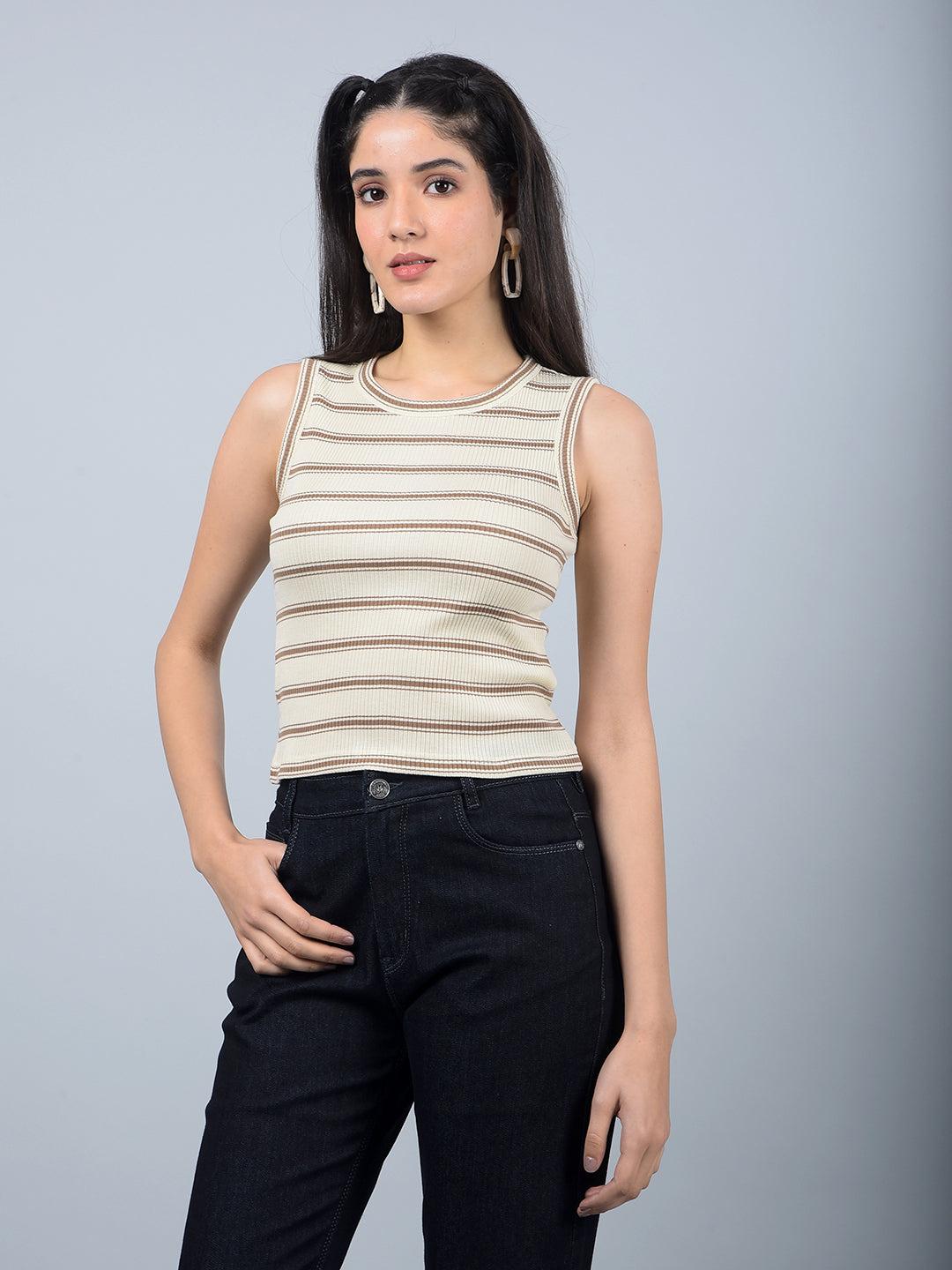 Brown Horizontal Stripes Sleeveless Crop Length T-Shirt-Women T-Shirts-Crimsoune Club