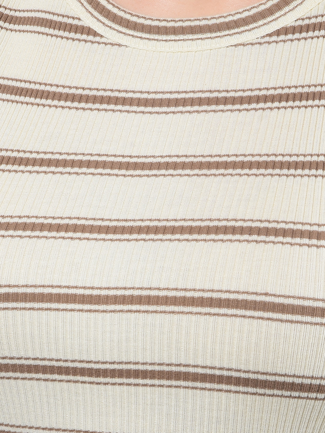 Brown Horizontal Stripes Sleeveless Crop Length T-Shirt-Women T-Shirts-Crimsoune Club