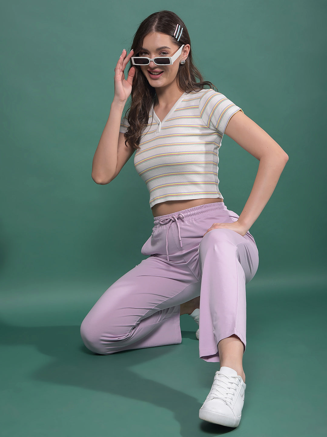 White Horizontal Stripes V-Neck Crop Length T-Shirt-Women T-Shirts-Crimsoune Club