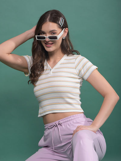 White Horizontal Stripes V-Neck Crop Length T-Shirt-Women T-Shirts-Crimsoune Club