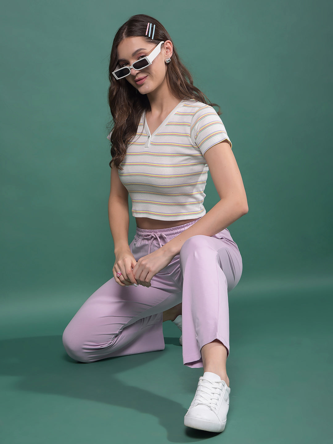 White Horizontal Stripes V-Neck Crop Length T-Shirt-Women T-Shirts-Crimsoune Club