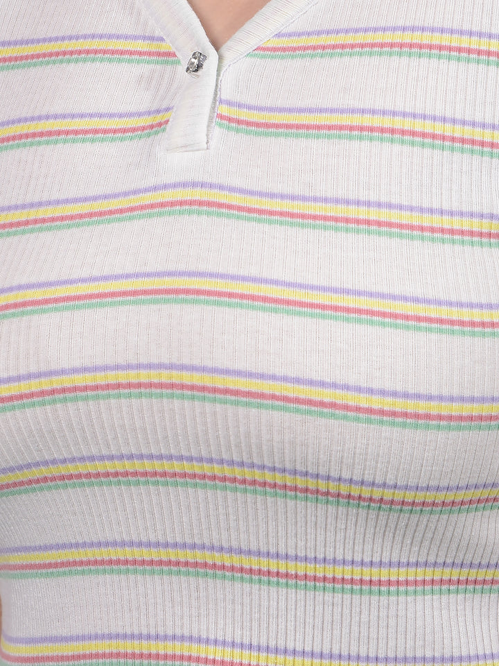 White Horizontal Stripes V-Neck Crop Length T-Shirt-Women T-Shirts-Crimsoune Club