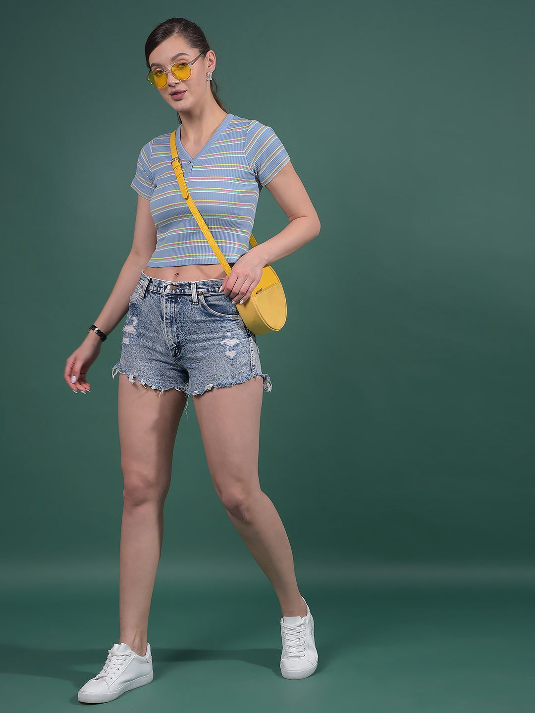 Blue Horizontal Stripes V-Neck Crop Length T-Shirt-Women T-Shirts-Crimsoune Club