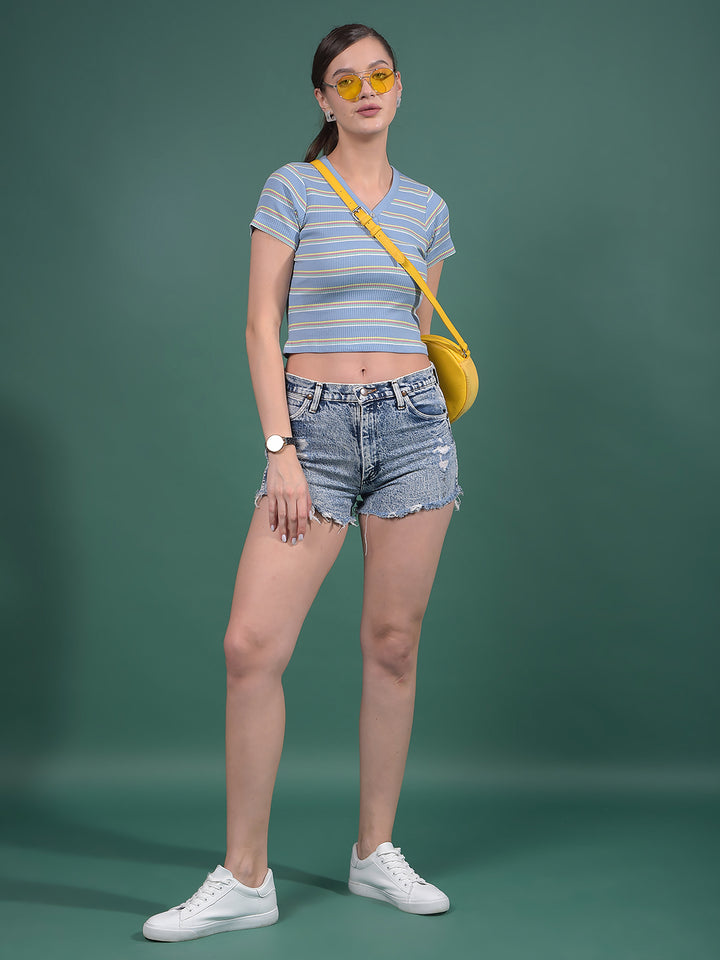 Blue Horizontal Stripes V-Neck Crop Length T-Shirt-Women T-Shirts-Crimsoune Club