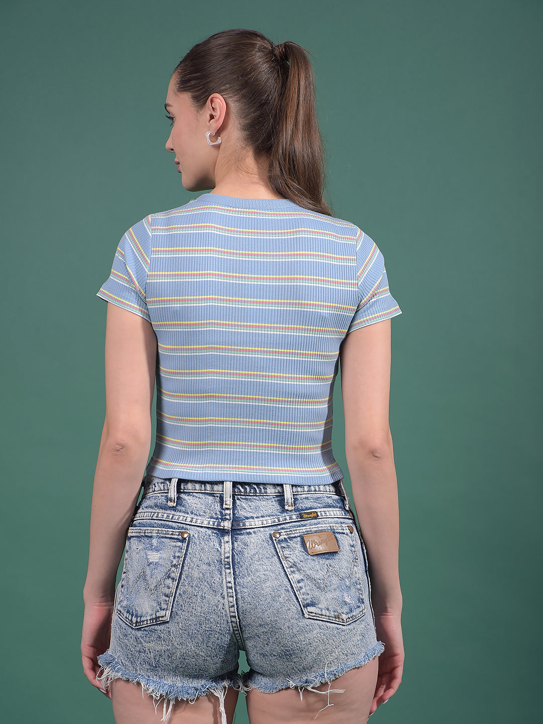 Blue Horizontal Stripes V-Neck Crop Length T-Shirt-Women T-Shirts-Crimsoune Club