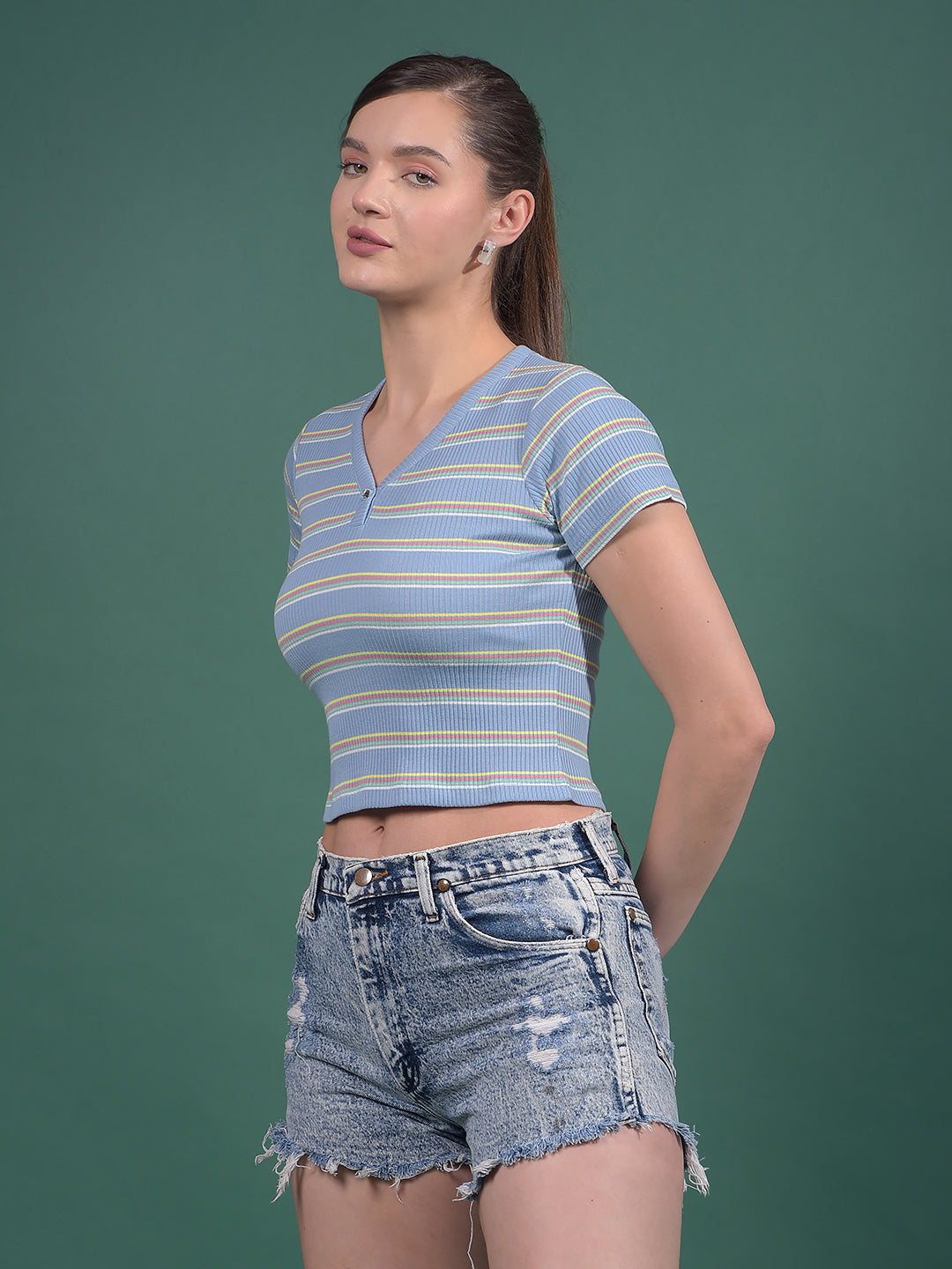 Blue Horizontal Stripes V-Neck Crop Length T-Shirt-Women T-Shirts-Crimsoune Club