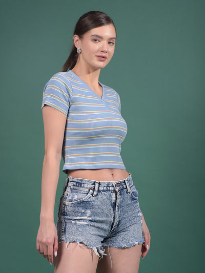 Blue Horizontal Stripes V-Neck Crop Length T-Shirt-Women T-Shirts-Crimsoune Club