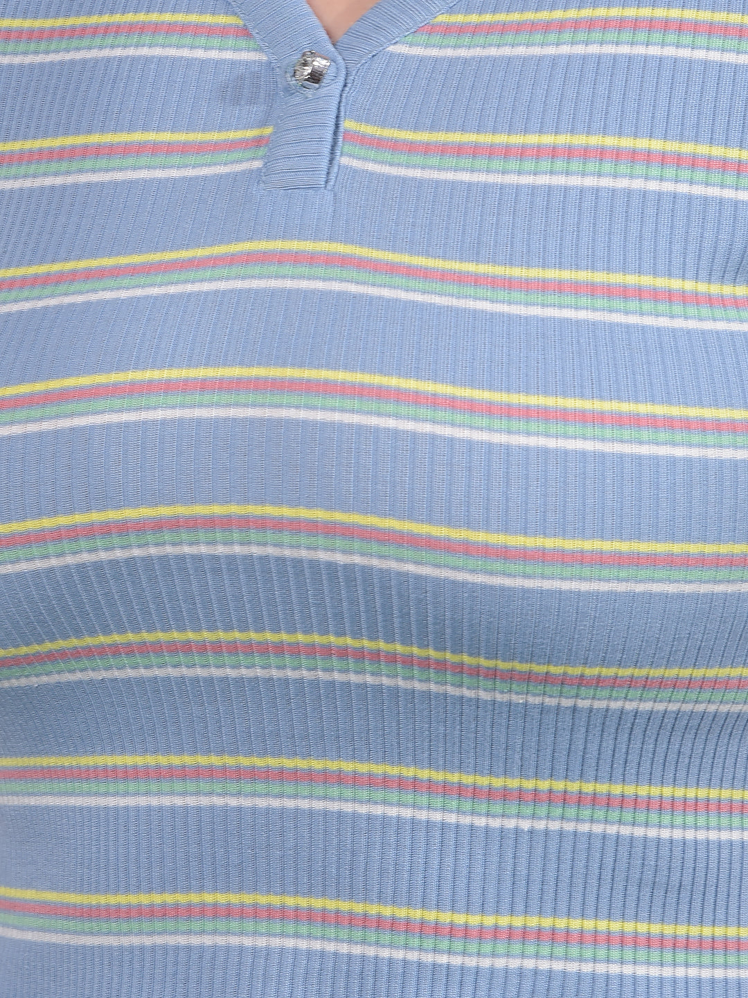Blue Horizontal Stripes V-Neck Crop Length T-Shirt-Women T-Shirts-Crimsoune Club