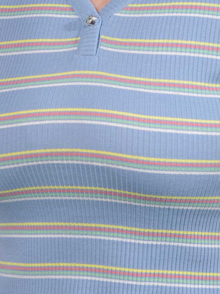 Blue Horizontal Stripes V-Neck Crop Length T-Shirt-Women T-Shirts-Crimsoune Club