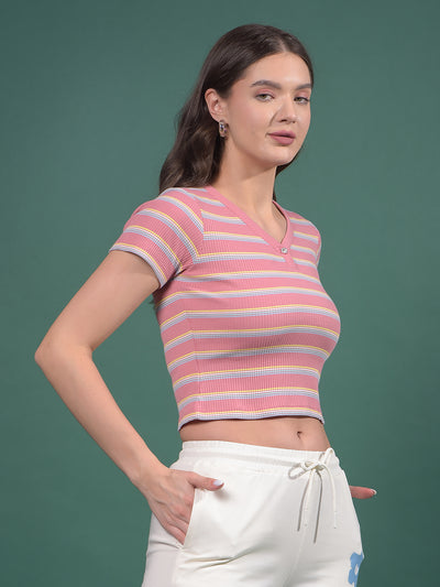Pink Horizontal Stripes V-Neck Crop Length T-Shirt-Women T-Shirts-Crimsoune Club