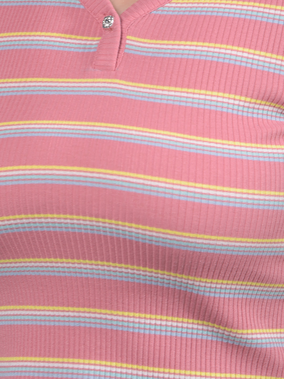 Pink Horizontal Stripes V-Neck Crop Length T-Shirt-Women T-Shirts-Crimsoune Club