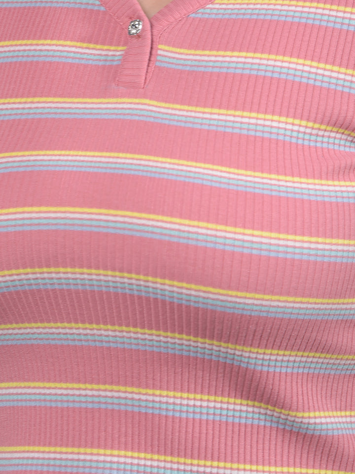 Pink Horizontal Stripes V-Neck Crop Length T-Shirt-Women T-Shirts-Crimsoune Club