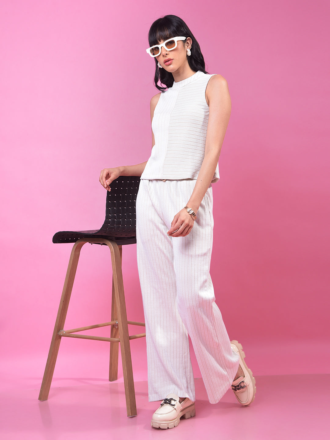 Beige Horizontal Stripes Sleeveless Crop T-Shirt-Women T-Shirts-Crimsoune Club