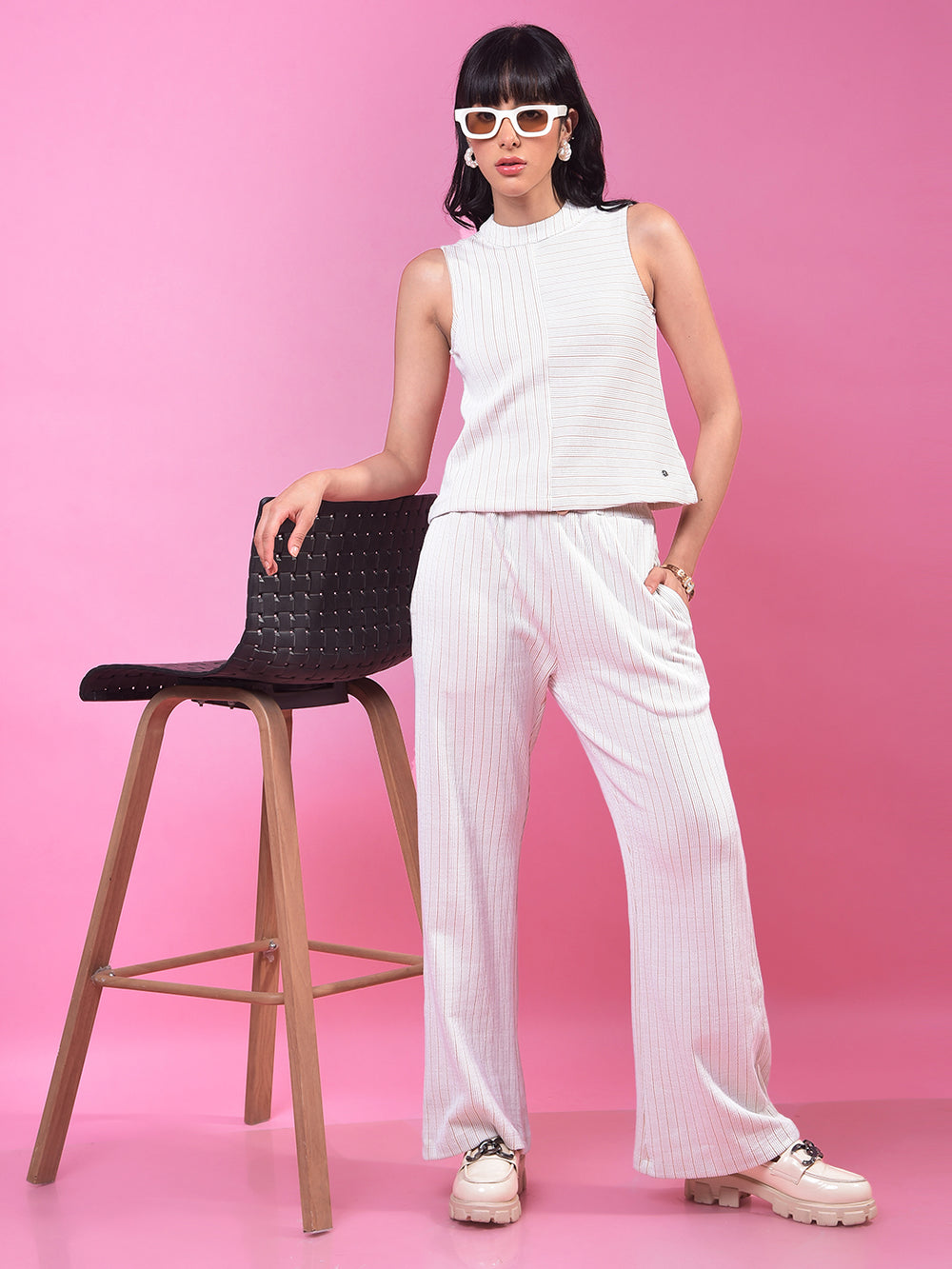 Beige Vertical Stripes Parallel Trousers-Women Trousers-Crimsoune Club