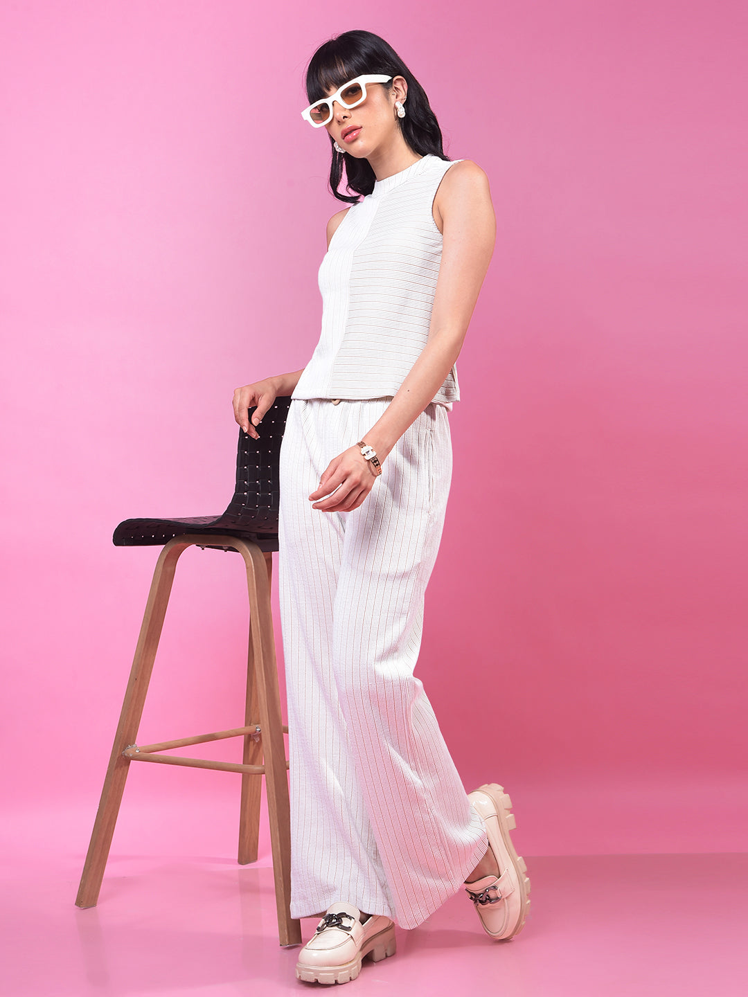 Beige Vertical Stripes Parallel Trousers-Women Trousers-Crimsoune Club