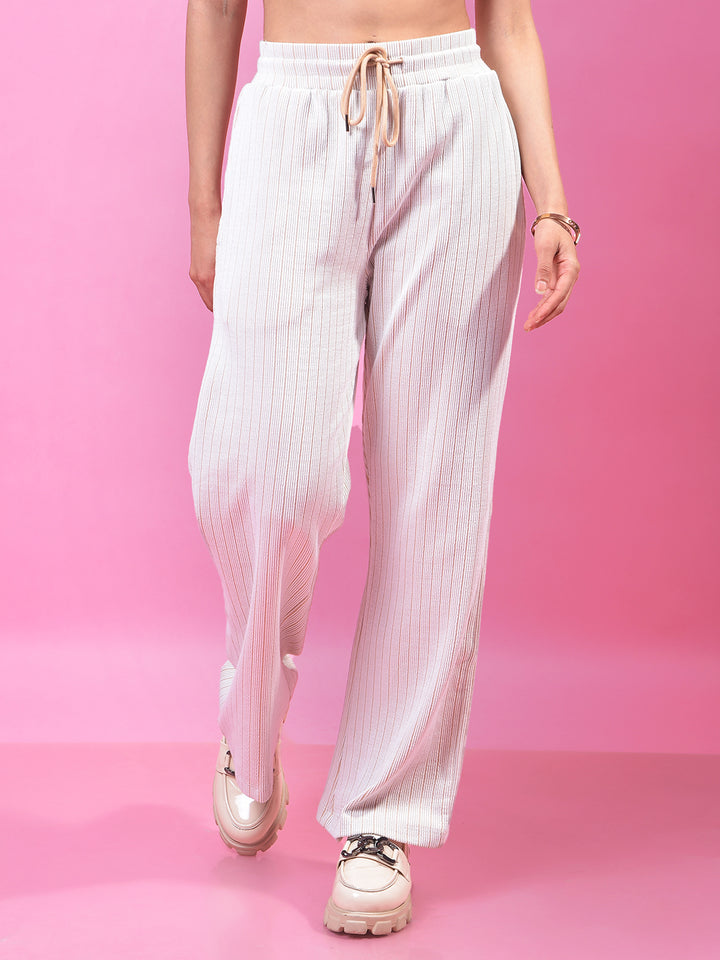 Beige Vertical Stripes Parallel Trousers-Women Trousers-Crimsoune Club