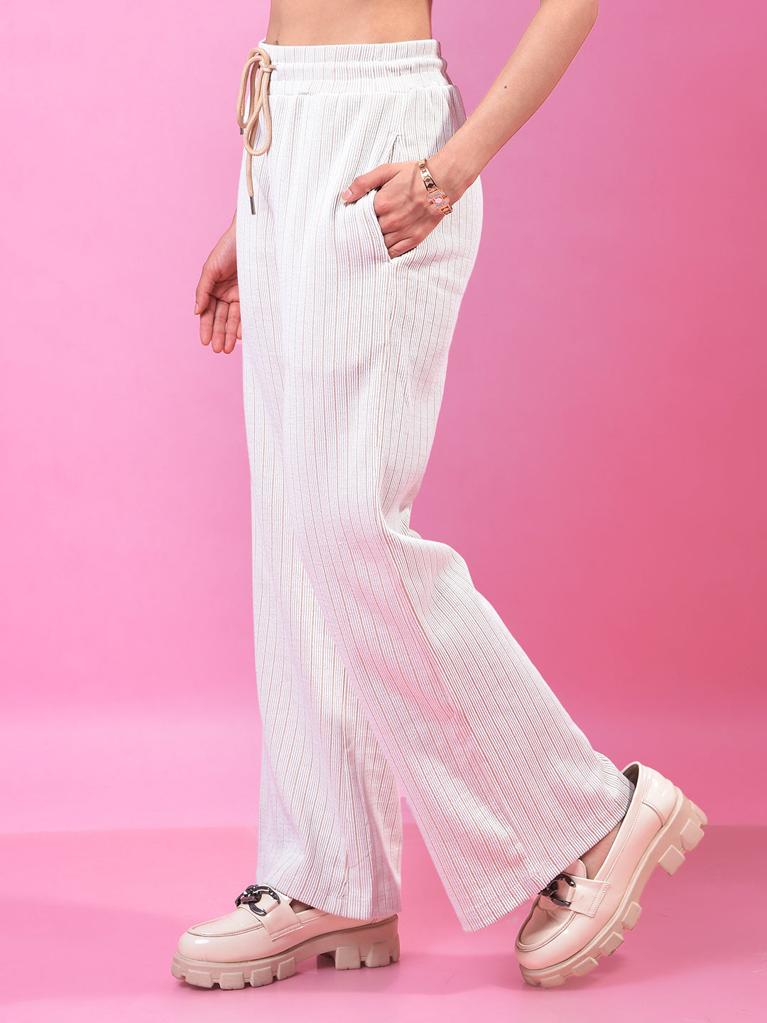 Beige Vertical Stripes Parallel Trousers-Women Trousers-Crimsoune Club