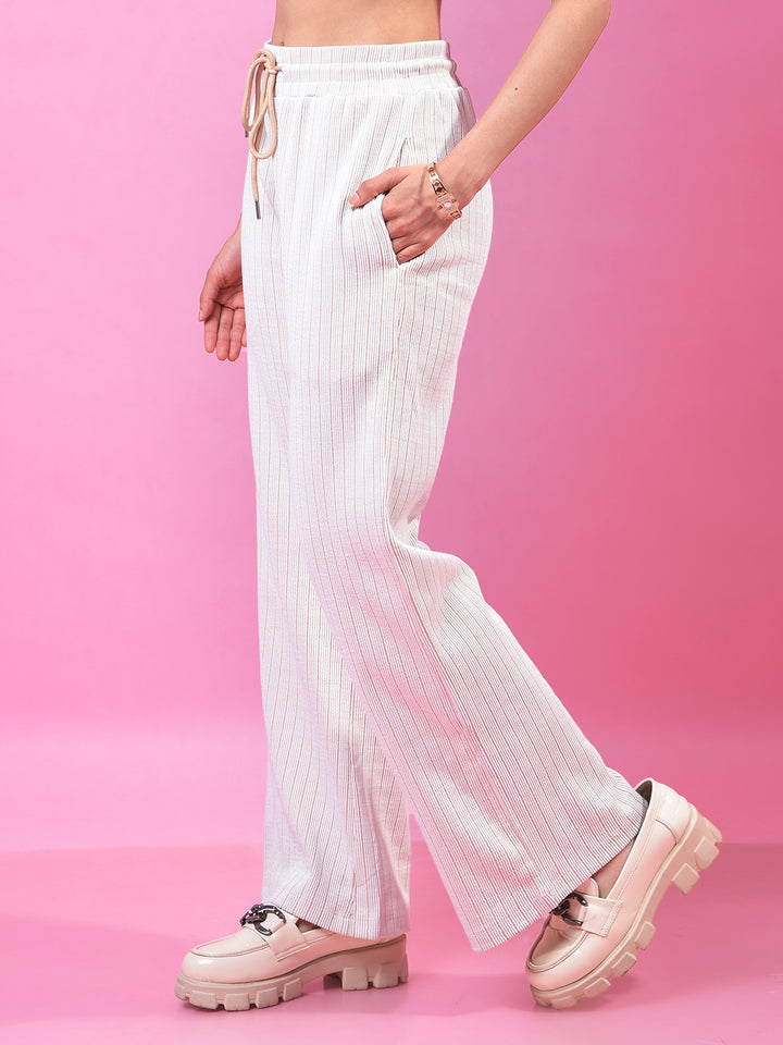 Beige Vertical Stripes Parallel Trousers-Women Trousers-Crimsoune Club