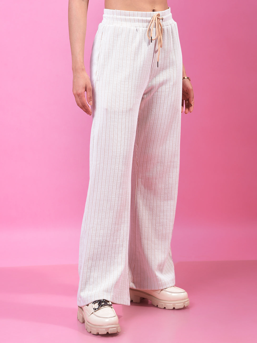 Beige Vertical Stripes Parallel Trousers-Women Trousers-Crimsoune Club