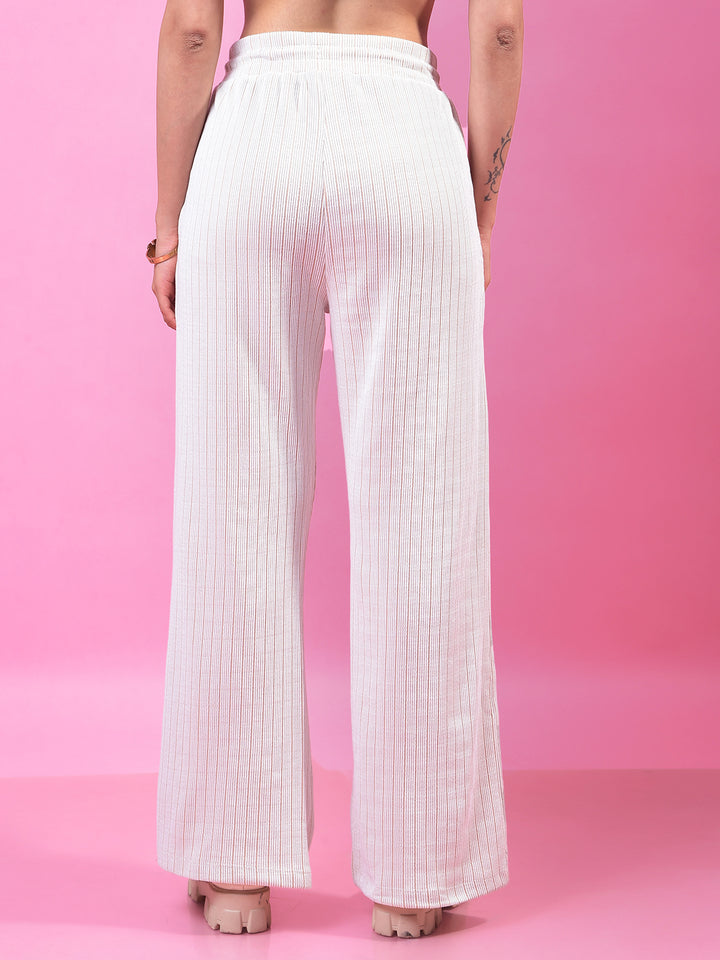 Beige Vertical Stripes Parallel Trousers-Women Trousers-Crimsoune Club