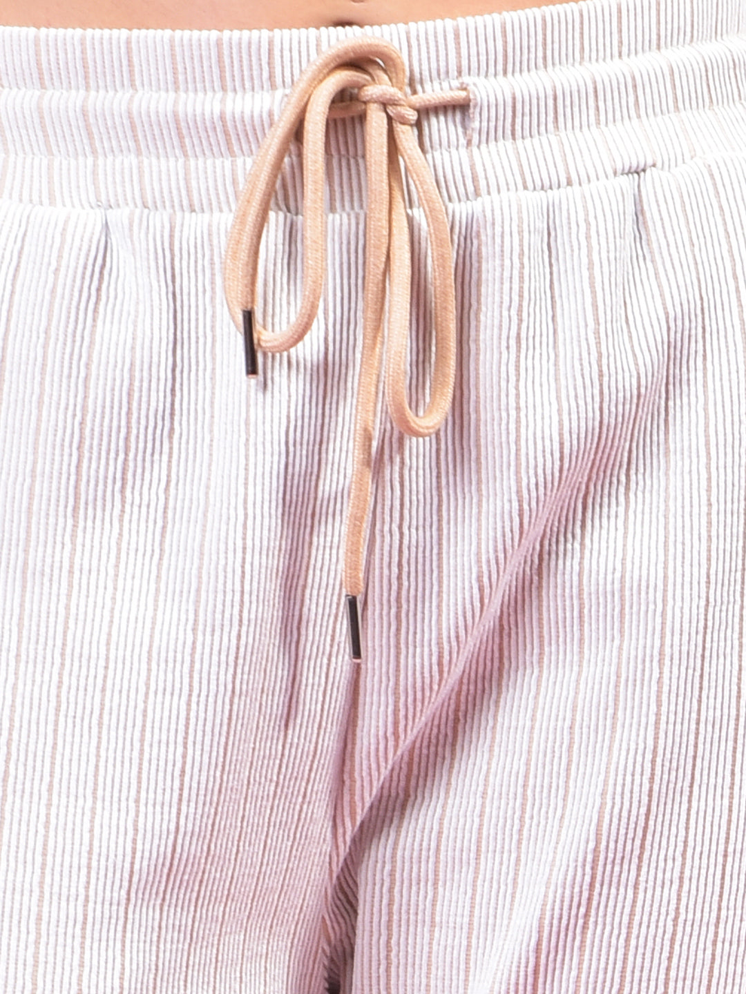 Beige Vertical Stripes Parallel Trousers-Women Trousers-Crimsoune Club