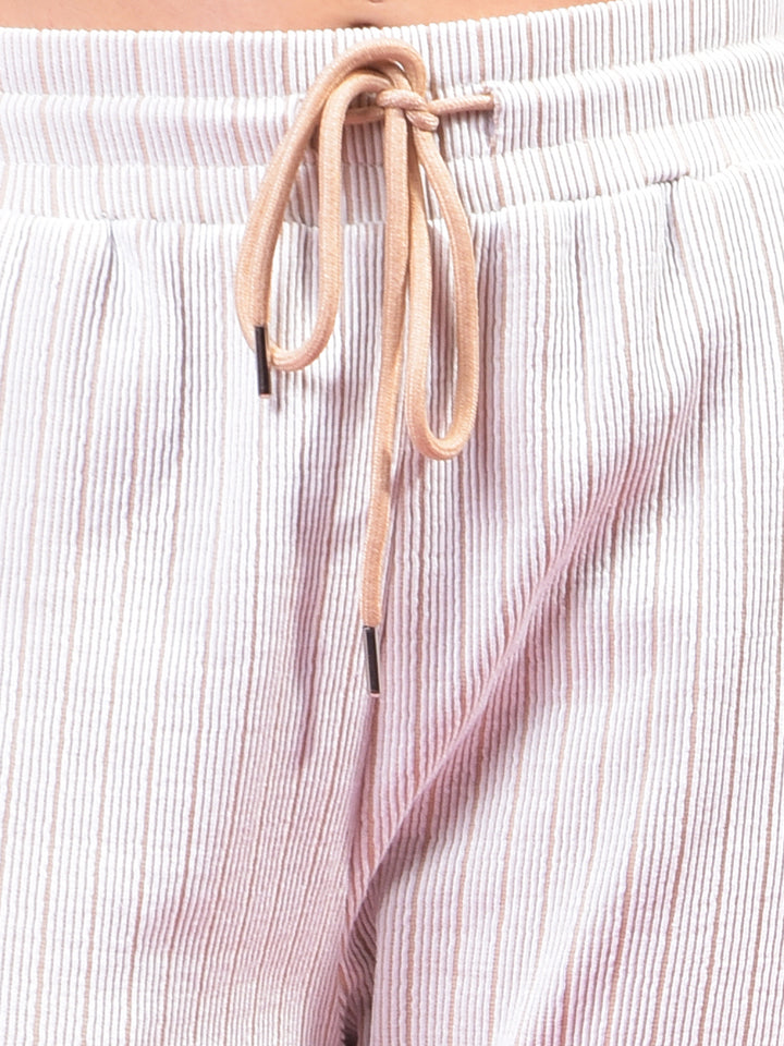Beige Vertical Stripes Parallel Trousers-Women Trousers-Crimsoune Club