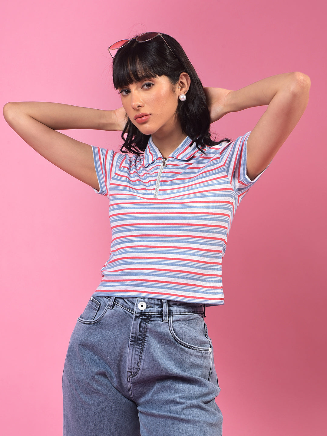 Blue Horizontal Stripes Polo Neck Crop T-Shirt-Women T-Shirts-Crimsoune Club