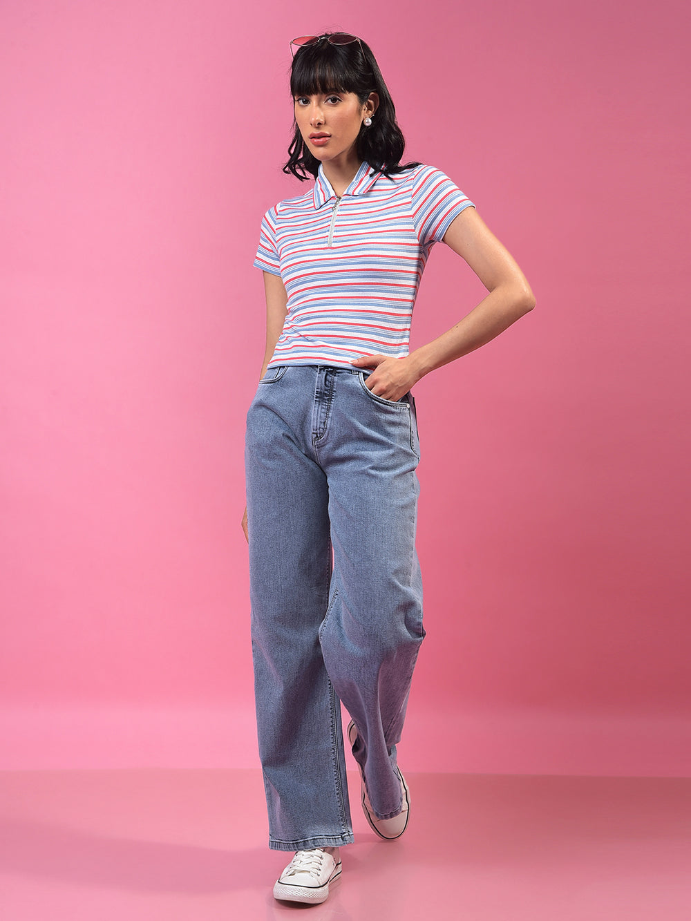 Blue Horizontal Stripes Polo Neck Crop T-Shirt-Women T-Shirts-Crimsoune Club