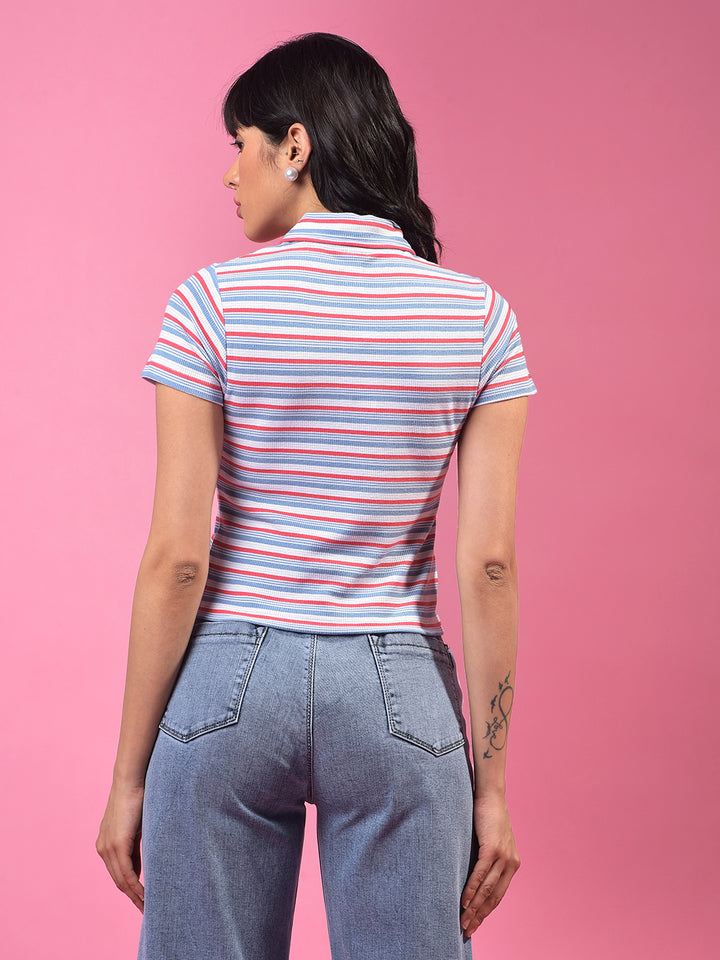 Blue Horizontal Stripes Polo Neck Crop T-Shirt-Women T-Shirts-Crimsoune Club