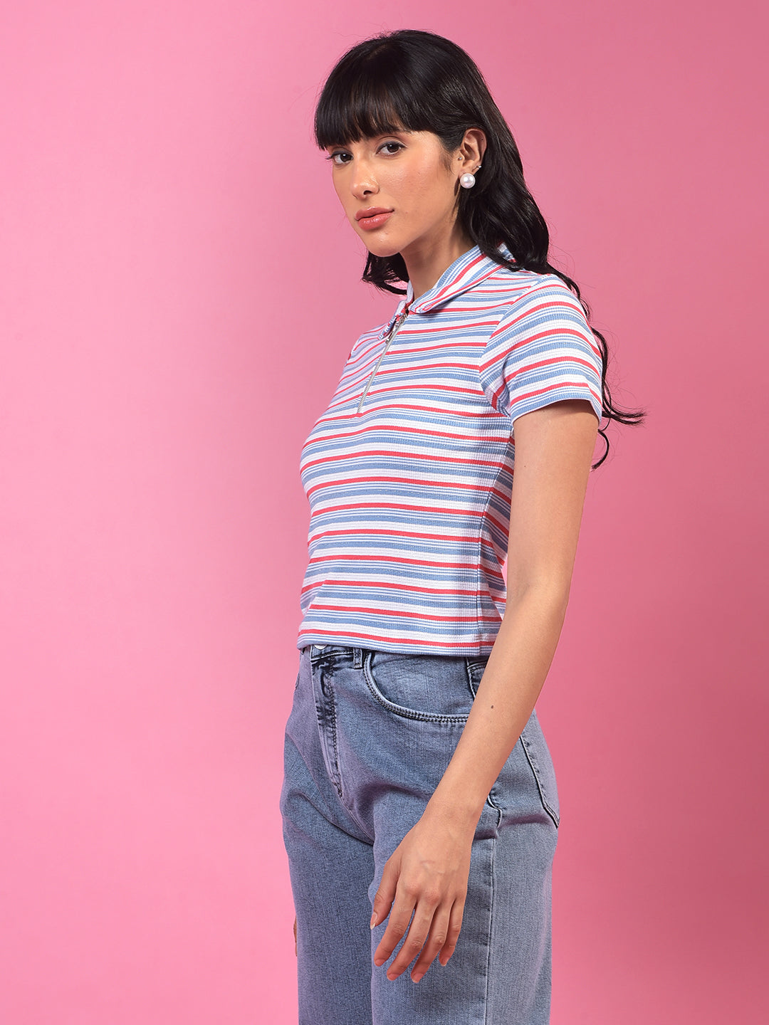 Blue Horizontal Stripes Polo Neck Crop T-Shirt-Women T-Shirts-Crimsoune Club