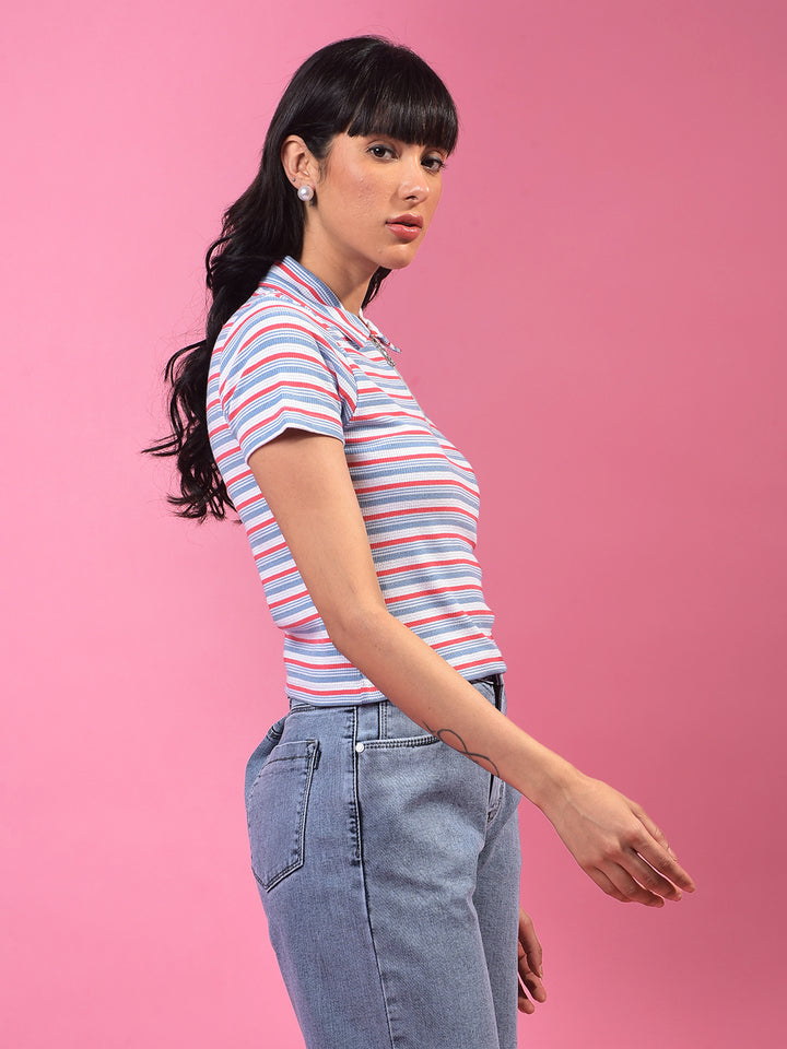 Blue Horizontal Stripes Polo Neck Crop T-Shirt-Women T-Shirts-Crimsoune Club