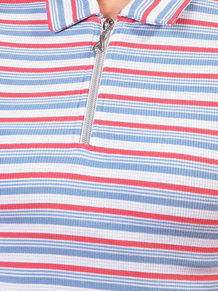Blue Horizontal Stripes Polo Neck Crop T-Shirt-Women T-Shirts-Crimsoune Club