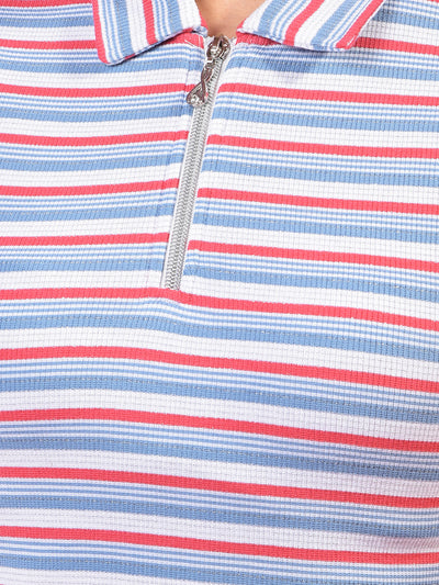 Blue Horizontal Stripes Polo Neck Crop T-Shirt-Women T-Shirts-Crimsoune Club