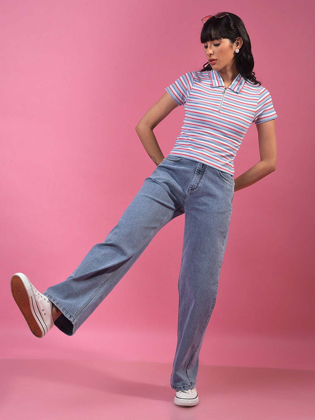 Blue Horizontal Stripes Polo Neck Crop T-Shirt-Women T-Shirts-Crimsoune Club