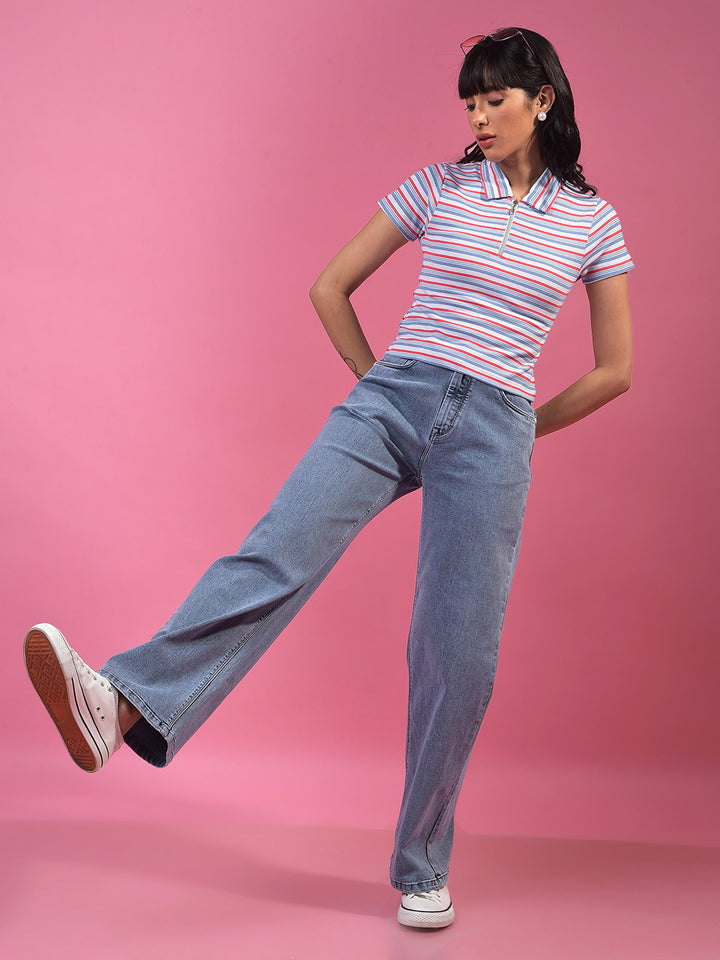 Blue Horizontal Stripes Polo Neck Crop T-Shirt-Women T-Shirts-Crimsoune Club