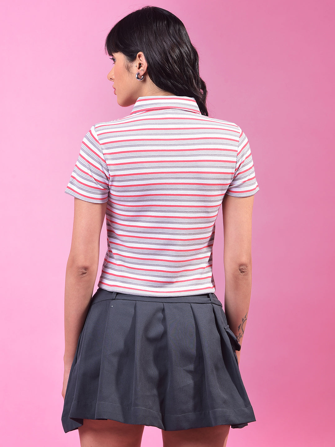 Grey Horizontal Stripes Polo Neck Crop T-Shirt-Women T-Shirts-Crimsoune Club