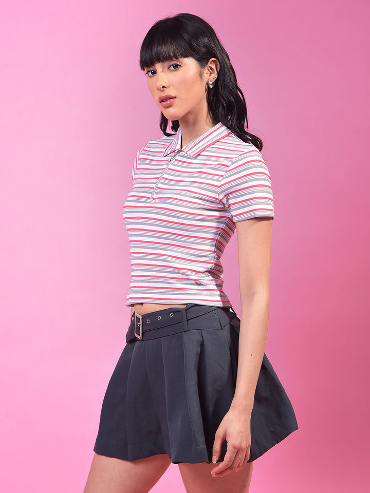 Grey Horizontal Stripes Polo Neck Crop T-Shirt-Women T-Shirts-Crimsoune Club