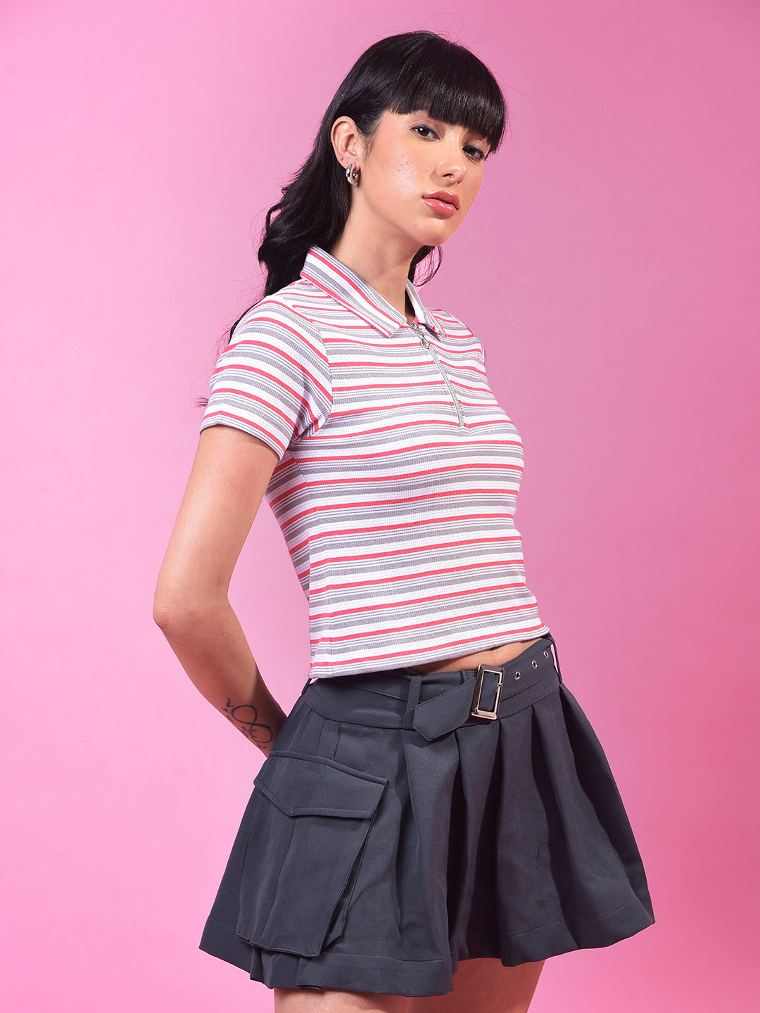 Grey Horizontal Stripes Polo Neck Crop T-Shirt-Women T-Shirts-Crimsoune Club