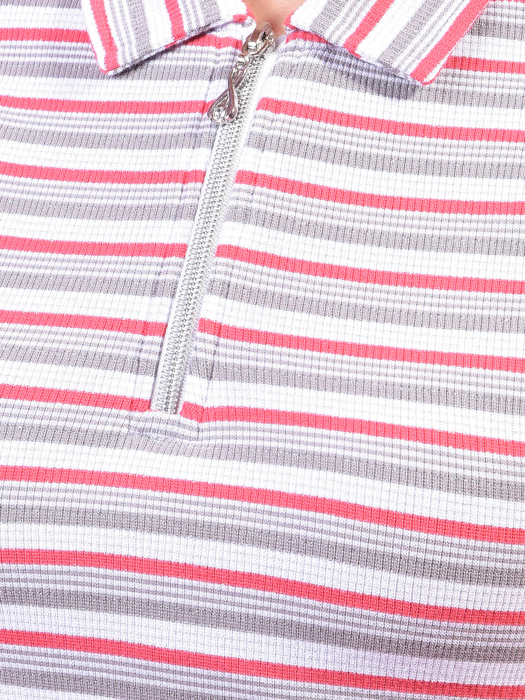 Grey Horizontal Stripes Polo Neck Crop T-Shirt-Women T-Shirts-Crimsoune Club