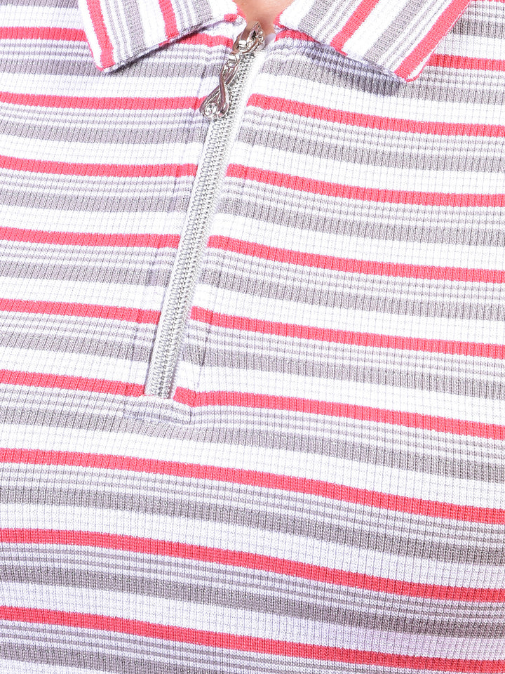 Grey Horizontal Stripes Polo Neck Crop T-Shirt-Women T-Shirts-Crimsoune Club
