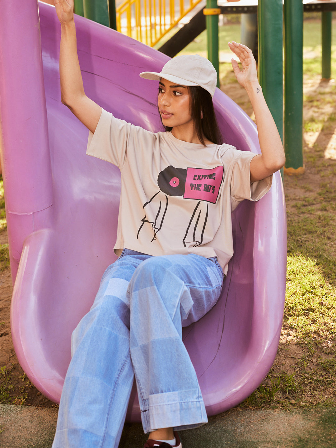 Beige Typographic Print T-Shirt-Women T-Shirts-Crimsoune Club