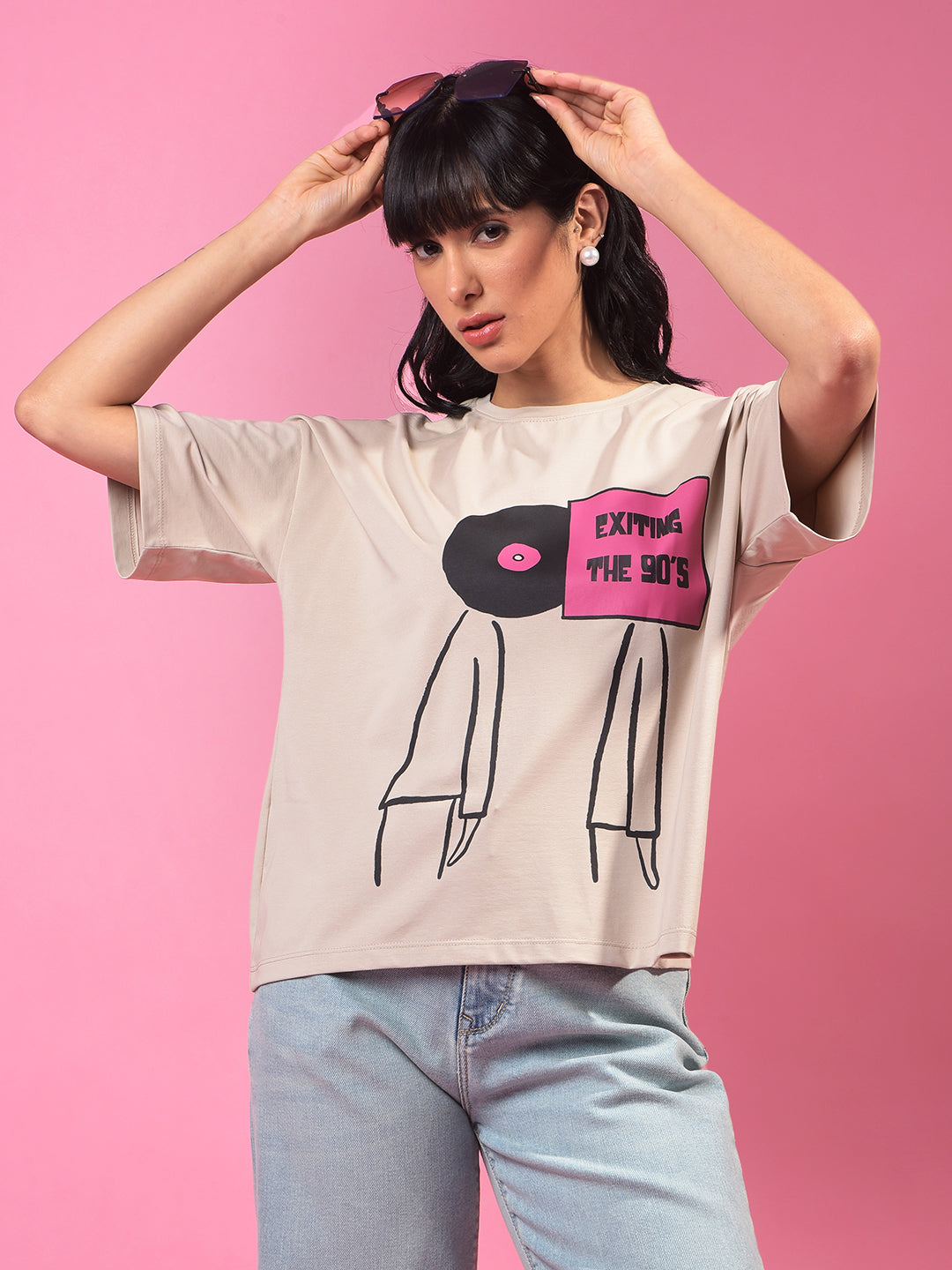 Beige Typographic Print T-Shirt-Women T-Shirts-Crimsoune Club