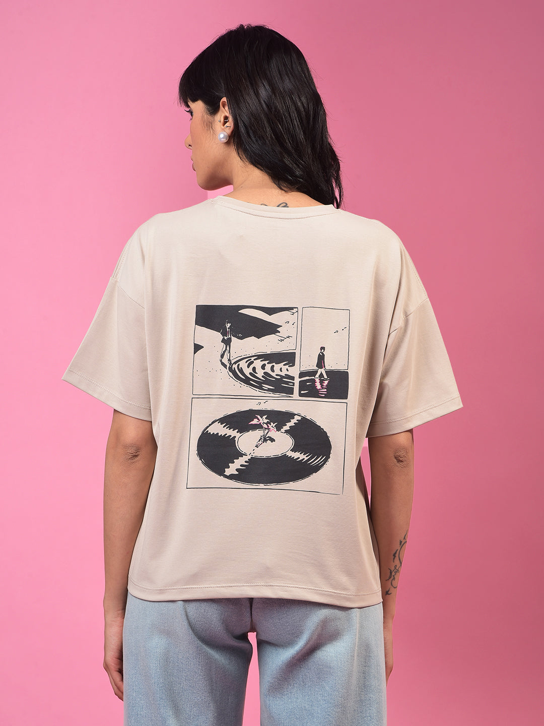 Beige Typographic Print T-Shirt-Women T-Shirts-Crimsoune Club