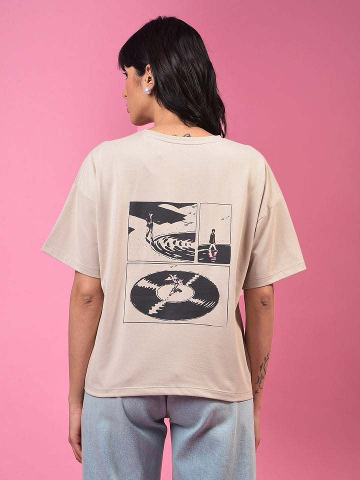 Beige Typographic Print T-Shirt-Women T-Shirts-Crimsoune Club