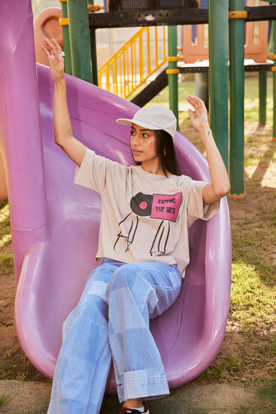 Women's Beige Typographic Print T-Shirt-Women Shorts-Crimsoune Club