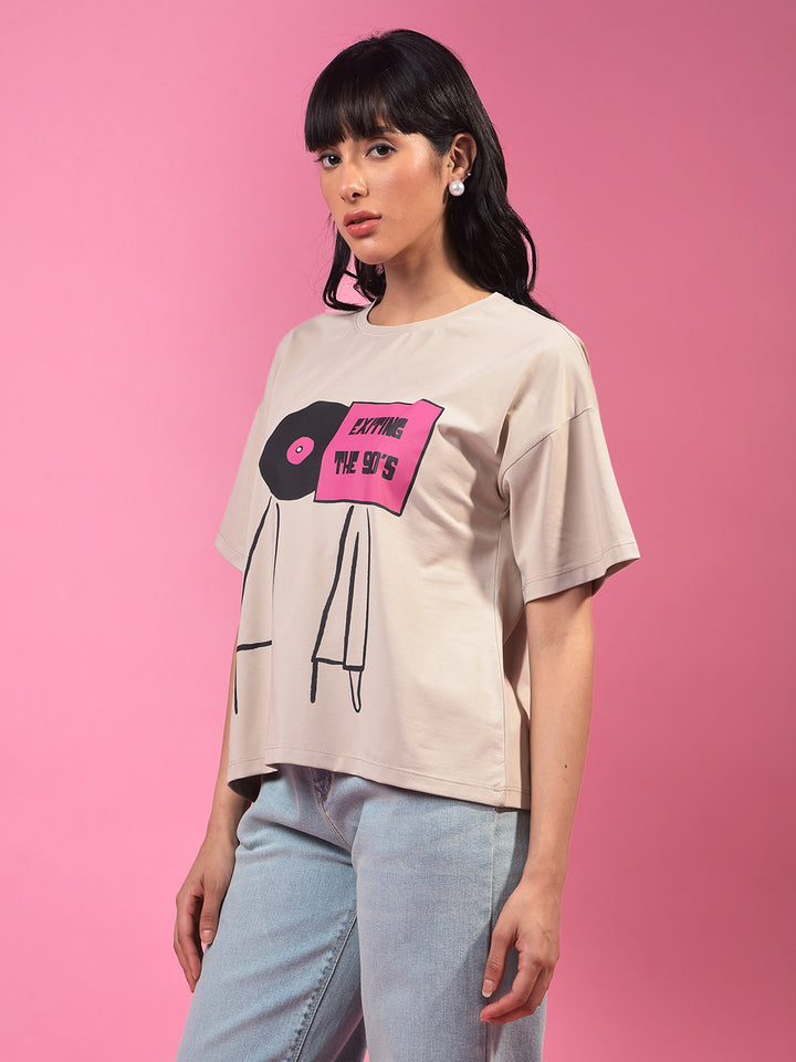 Beige Typographic Print T-Shirt-Women T-Shirts-Crimsoune Club