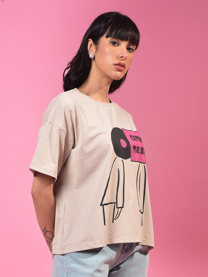 Beige Typographic Print T-Shirt-Women T-Shirts-Crimsoune Club